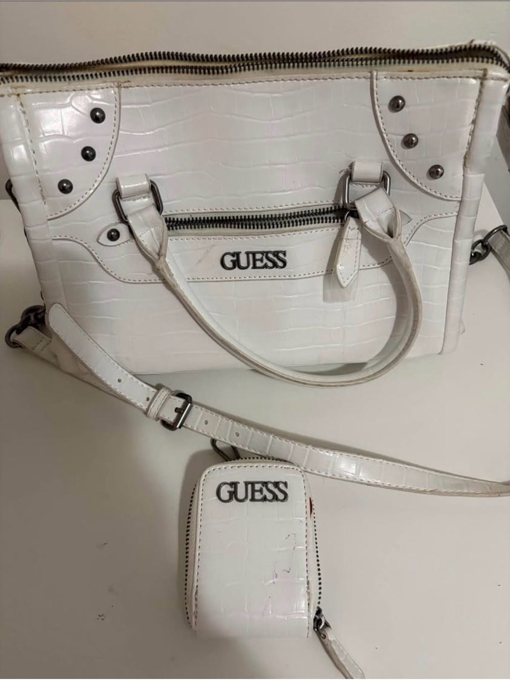 GUESS White Croc-Embossed Satchel with Removable Strap and Coin Pouch